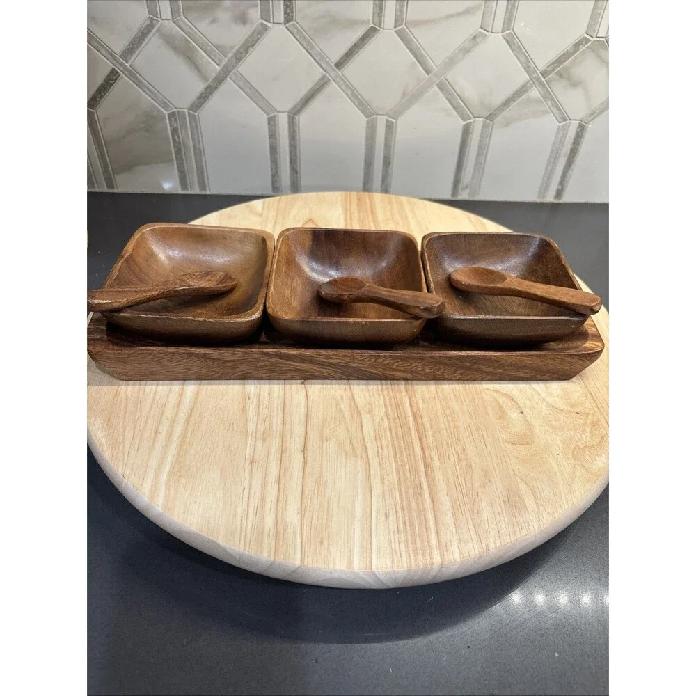 Monkey Pod Wood Set 3 Square Snack Dipping Bowls with Spoons and Tray Vtg MCM